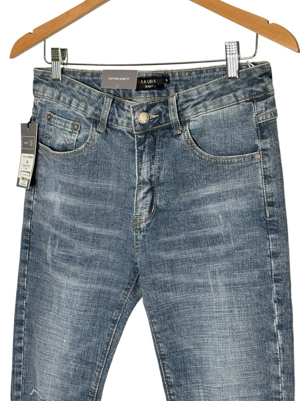 NWT Akuba Slim Fit Skinny Jeans Faded Blue Distressed Whiskered Denim • Size 30 - Picture 2 of 12